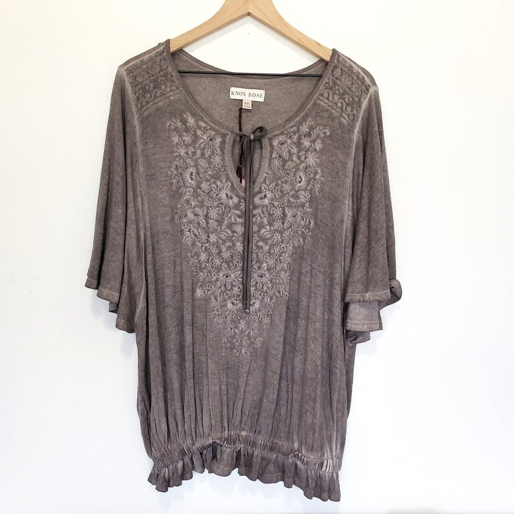 NEW!! Knox Rose Plus Size XXL Boho Top Gray Short Flare Sleeve Tassel Tie Blouse